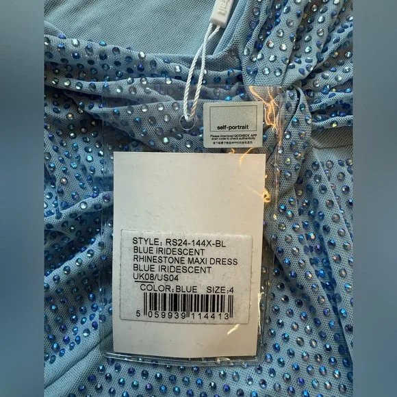 Self-Portrait Iridescent Blue Crystal Rhinestone Long Sleeve Maxi Gown Size 4 - Picture 12 of 16